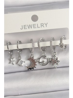 Shopwe Pirinç Gümüş Renk Zirkon Taşlı Gezgen Model Kadın Küpe Seti