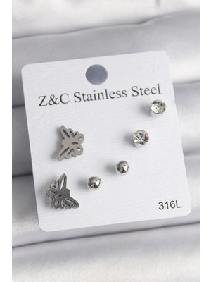 Shopwe 316L Çelik Gümüş Renk Zirkon Taşlı Kelebek Model Kadın Küpe Seti