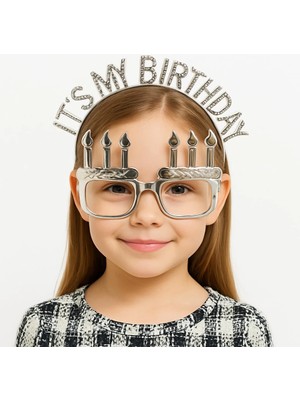 It&amp;#39;s My Birthday Yazılı Taç ve Mum Şekilli Gözlük Seti Gümüş Renk