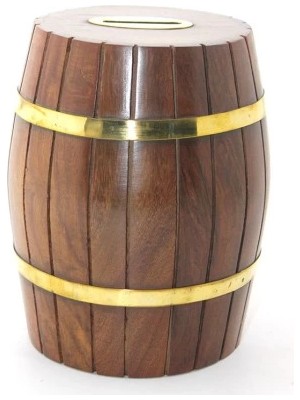 Pirinç Ahşap Fıçı Kumbara 15 cm