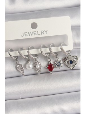 Shopwe Pirinç Gümüş Renk Sallantı Zirkon Taşlı Fatma Ana El Figür Kadın Küpe Seti