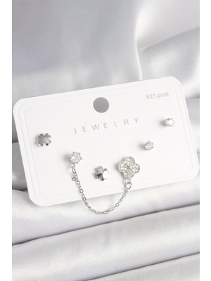Shopwe 925 Ayar Gümüş Çivi Pirinç Gümüş Renk Zirkon Taşlı Yonca Model Sallantı Zincir Detay Kadın Küpe Seti