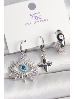 Shopwe Pirinç Gümüş Renk Zirkon Taşlı Göz Model Nazar Boncuk Detay 3'lü Kadın Kombin Küpe