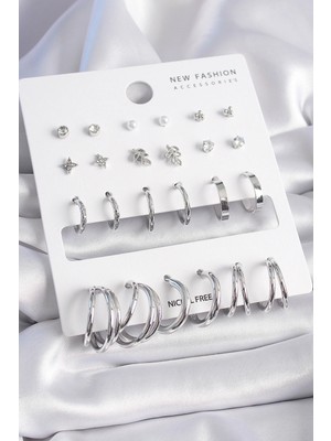 Shopwe Pirinç Gümüş Renk Zirkon Taşlı 12 Çift Küpe Seti