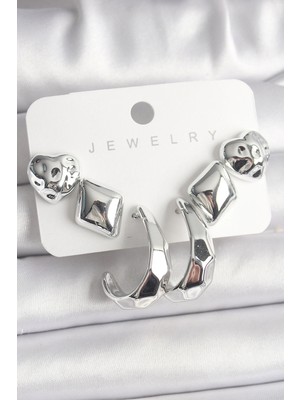 Shopwe Gümüş Renk Kalp Halka Figür Ccb Plastik Kadın Küpe Seti