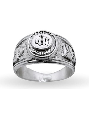 Oya Silver Allah Yazılı Kabe Motifli Gümüş Retro Erkek Yüzük