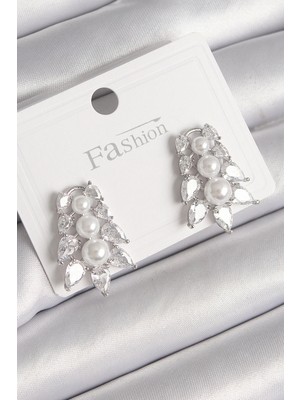 Shopwe Pirinç Gümüş Renk Zirkon Taşlı Yaprak Model Inci Detay Kadın Küpe