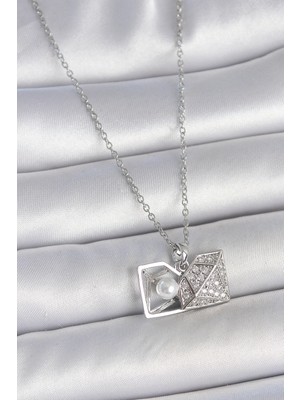 Shopwe 316L Çelik Gümüş Renk Zincir Zirkon Taşlı Incili Açılır Elmas Model Kadın Kolye