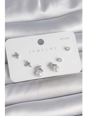 Shopwe Pirinç Gümüş Renk Zirkon Taşlı Kelebek Model Inci Detay 925 Ayar Gümüş Çivi Kadın Küpe Seti