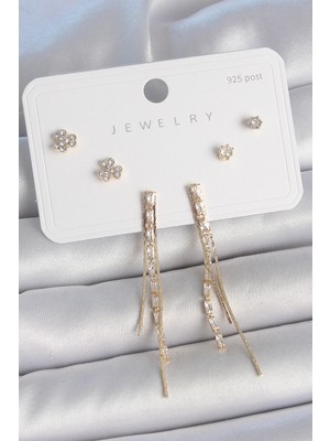 Shopwe Pirinç Gold Renk Su Yolu Zirkon Taşlı Sallantı Model Çiçek Detay 925 Ayar Gümüş Çivi Kadın Küpe Seti