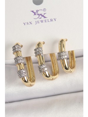 Shopwe Pirinç Gold Renk 3'lü Halka Model Gümüş Zirkon Taş Detaylı Kadın Kombin Küpe