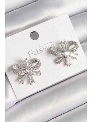 Shopwe Pirinç Gümüş Renk Zirkon Taşlı Fiyonk Model Kadın Küpe