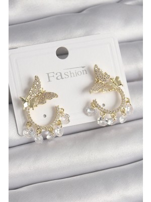 Shopwe Pirinç Gold Renk Zirkon Taşlı Sallantı Detay Kelebek Model Kadın Küpe