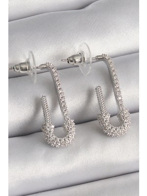 Shopwe Pirinç Gümüş Renk Zirkon Taşlı Çengelli Iğne Model Kadın Küpe