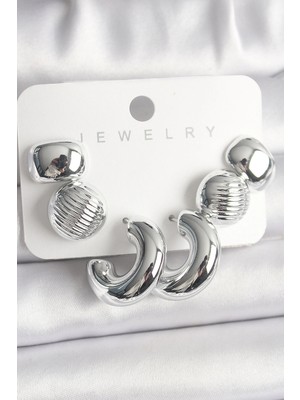 Shopwe Gümüş Renk Işlemeli Daire Halka Model Ccb Platik Kadın Küpe Seti
