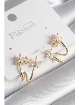 Shopwe Pirinç Gold Renk Zirkon Taşlı Çiçek Model Kadın Küpe