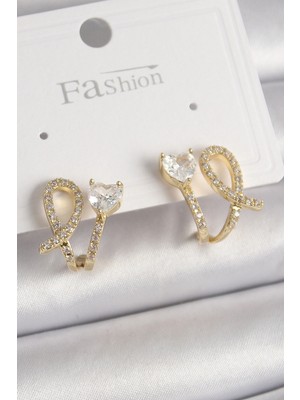 Shopwe Pirinç Gold Renk Düğüm Model Zirkon Taşlı Kalp Detay Kadın Küpe