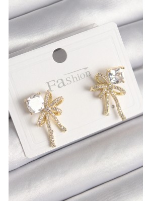 Shopwe Pirinç Gold Renk Zirkon Taşlı Kurdele Model Kadın Küpe
