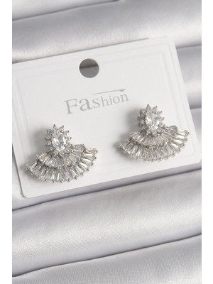 Shopwe Pirinç Gümüş Renk Zirkon Taşlı Yelpaze Model Kadın Küpe