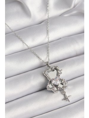 Shopwe 316L Çelik Gümüş Renk Ayna Ayıcık Model Zirkon Taşlı Kalp Detay Kadın Kolye