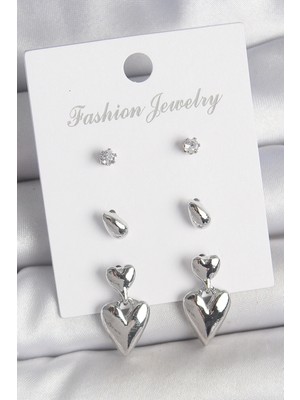 Shopwe Pirinç Gümüş Renk Zirkon Taşlı Sallantılı Kalp Model 3 Çift Kadın Küpe Seti