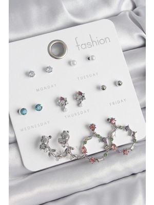 Shopwe Pirinç Gümüş Renk Zirkon Taşlı Gül Figür Halka Model 7 Çift Kadın Küpe Seti