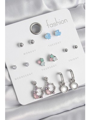 Shopwe Pirinç Gümüş Renk Zirkon Taşlı Sallantı Halka Model Çiçek Detay 7 Çift Kadın Küpe Seti