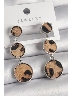 Shopwe Pirinç Gümüş Renk 3'lü Daire Plaka Leopar Desenli Kadın Küpe