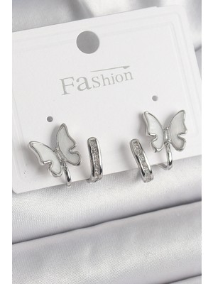 Shopwe Pirinç Gümüş Renk Zirkon Taş Detaylı Beyaz Sedefli Kelebek Model Kadın Küpe