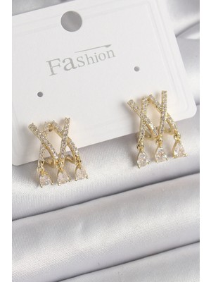 Shopwe Pirinç Gold Renk Zirkon Taşlı x Model Sallantı Detay Kadın Küpe