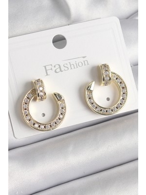 Shopwe Pirinç Gold Renk Zirkon Taşlı Çivi Halka Model Kadın Küpe