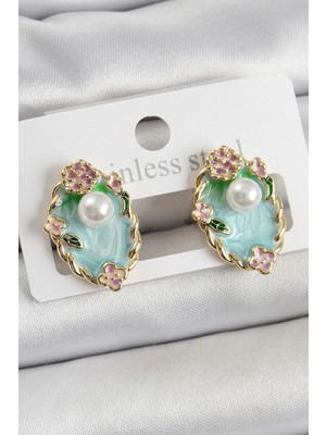 Shopwe Pirinç Yeşil Mineli Inci Detaylı Sanatsal Portre Model Gold Renk Kadın Küpe