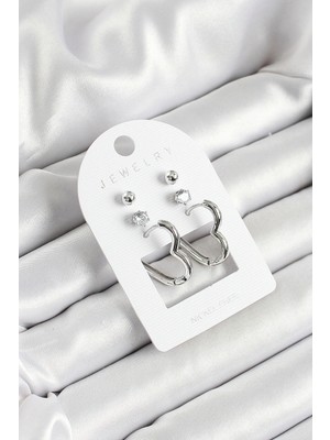 Shopwe Pirinç Zirkon Taş ve Kalp Figürlü Gümüş Renk 3'lü Çift Kadın Küpe Set