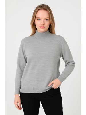 Kadın Yarım Boğaz Triko Kazak Yumuşak Dokulu Pamuklu Ince Dokuma, Uzun Kollu Rahat Regular Kalıp - Gri