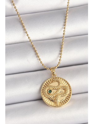 Shopwe 316L Çelik Gold Renk Topçuk Zincir Yılan Işlemeli Zirkon Taş Detaylı Madalyon Model Kadın Kolye