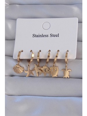 Shopwe 316L Çelik Gold Renk Zirkon Taşlı Hayvan Figürlü Deniz Yıldızı Model Halka Küpe Seti