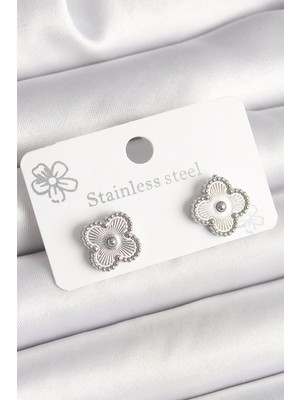 Shopwe Pirinç Gümüş Renk Işlemeli Yonca Model Kadın Küpe