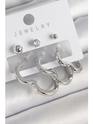 Shopwe Pirinç Gümüş Renk Kalp Model Zirkon Taş Topçuk Detay Kadın Küpe Seti