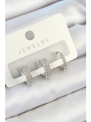 Shopwe Pirinç Zirkon Taşlı Halka Model Gümüş Renk 3'lü Çift Kadın Küpe Set