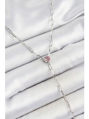 Shopwe Pirinç Zirkon Taşlı Pembe Kalp Figürlü Y Model Gümüş Renk Kadın Kolye