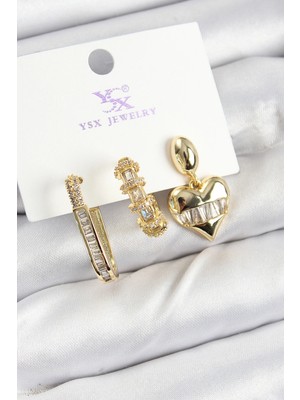 Shopwe Pirinç Zirkon Taşlı Kalp Model Gold Renk 3'lü Kadın Küpe