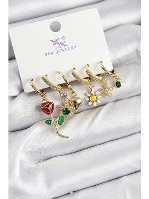 Shopwe Pirinç Zirkon Taşlı Gül ve Papatya Model Gold Renk 3'lü Çift Kadın Küpe