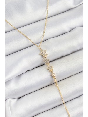 Shopwe Pirinç Zirkon Taşlı Sıralı Yıldız Figürlü Y Model Gold Renk Kadın Kolye