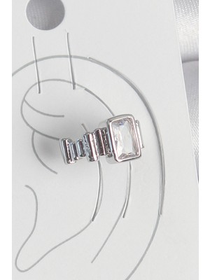 Shopwe Pirinç Gümüş Renk Kare Zirkon Taşlı Kadın Kıkırdak Model Küpe