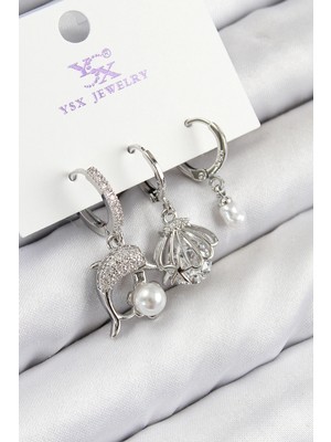 Shopwe Pirinç Zirkon Taşlı 3'lü Yunus Balığı ve Istiridye Model Gümüş Renk Kadın Küpe