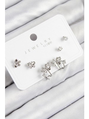 Shopwe Pirinç Zirkon Taşlı Kelebek Model Gümüş Renk 925 Ayar Gümüş Çivi Kadın Küpe Set