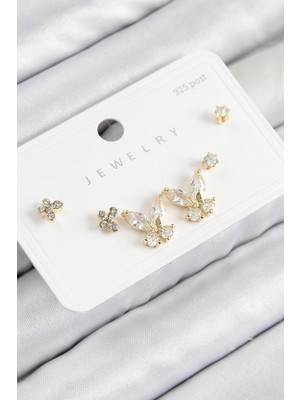 Shopwe Pirinç Zirkon Taşlı Kelebek Model Gold Renk 925 Ayar Gümüş Çivi Kadın Küpe Set