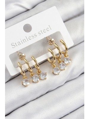 Shopwe Pirinç Sallantılı Zirkon Taşlı Model Gold Renk Kadın Küpe