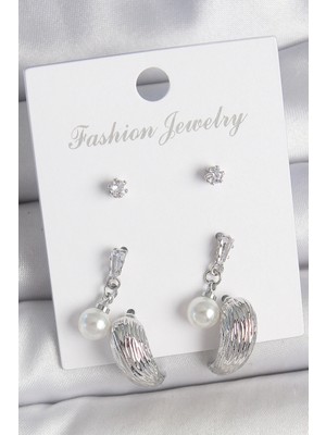 Shopwe Pirinç Gümüş Renk Sallantılı Zirkon Taşlı Damla Model 3 Çift Kadın Küpe Seti