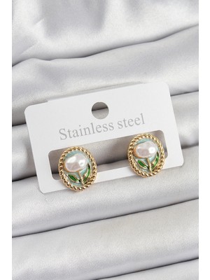 Shopwe Pirinç Yeşil Mineli Lale Figürlü Sanatsal Portre Model Gold Renk Kadın Küpe